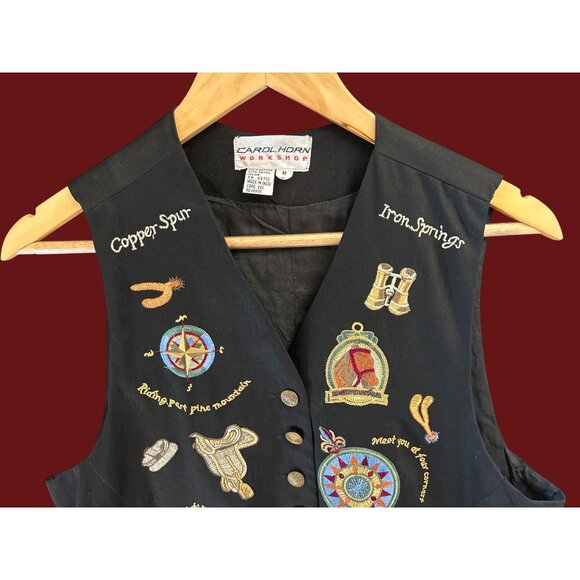 Vintage 1990s Carol Horn Patchwork Western Travel Vest Southwest Cowgirl Boho - Picture 2 of 7